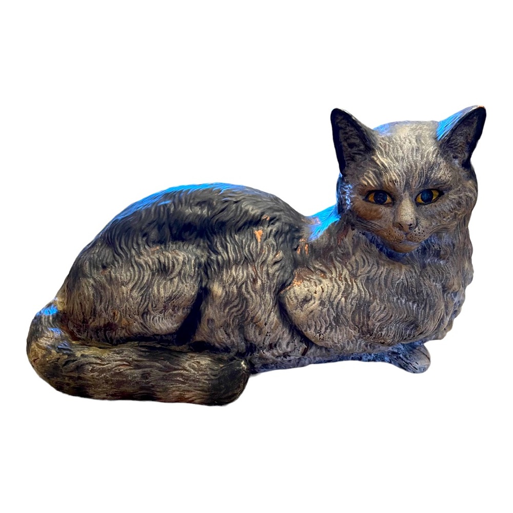 Vintage Hand-Painted Ceramic Pottery Terracotta Cat 12” Lying Down Statue - Read